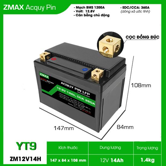 Ảnh của Bình Ắc Quy Pin ZMAX LFP(LiFePO4) ZM12V14H-YT9 12v 14Ah, CCA 360A Dùng cho đề xe máy môtô 300cc