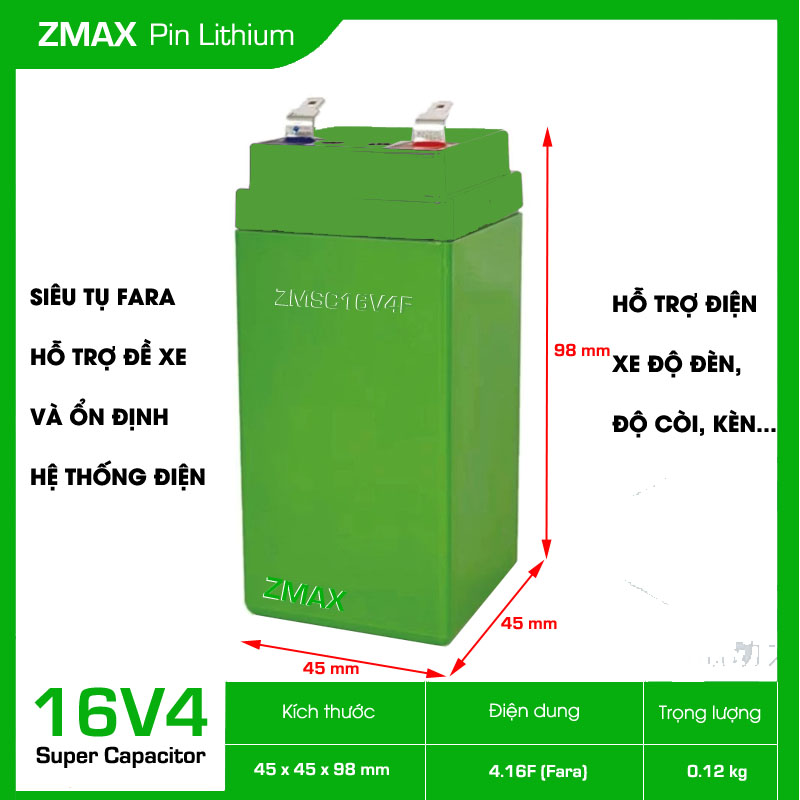Siêu Tụ Điện Fara Hỗ Trợ Đề Xe và Ổn Định Hệ Thống Điện 16V 4.16F, ZMSC16V4F