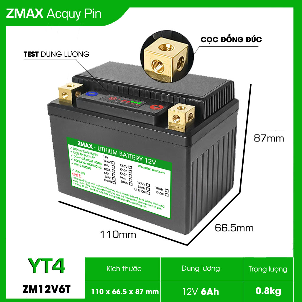 Bình Acquy Pin LFP (LiFePO4) 12V 6Ah, ZM12V6T-YT4