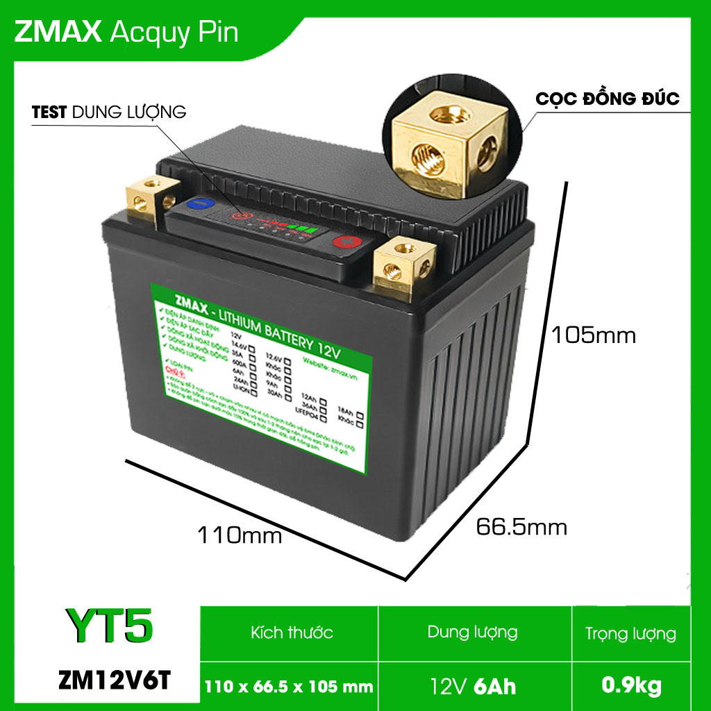 Bình Acquy Pin LFP (LifePO4) 12V 6Ah, ZM12V6T-YT5