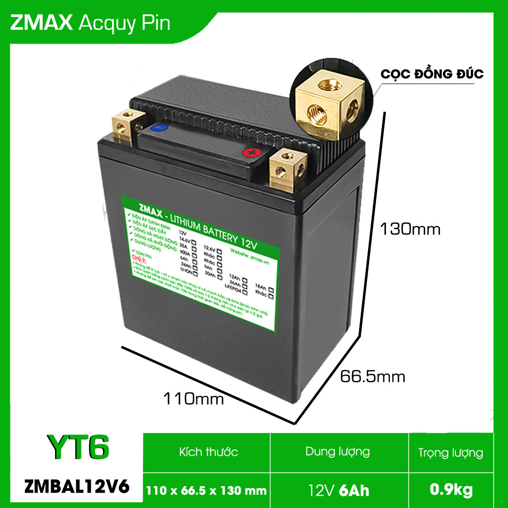 Bình Acquy Pin LFP (LiFePO4) 12V 6Ah, ZMBAL12V6-YT6 Cân Bằng Cell Pin Chủ Động Dùng Cho Xe Máy