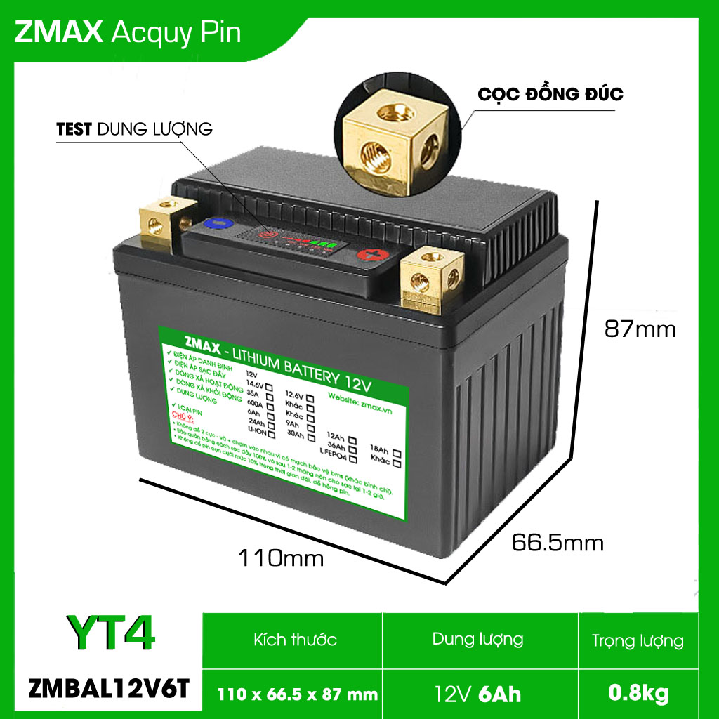 Bình Acquy Pin LFP (LiFePO4) 12V 6Ah, ZMBAL12V6T-YT4 Cân Bằng Cell Pin Chủ Động Dùng Cho Xe Máy
