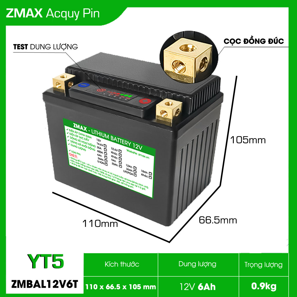 Bình Acquy Pin LFP (LifePO4) 12V 6Ah, ZMBAL12V6T-YT5 Cân Bằng Cell Pin Chủ Động Dùng Cho Xe Máy
