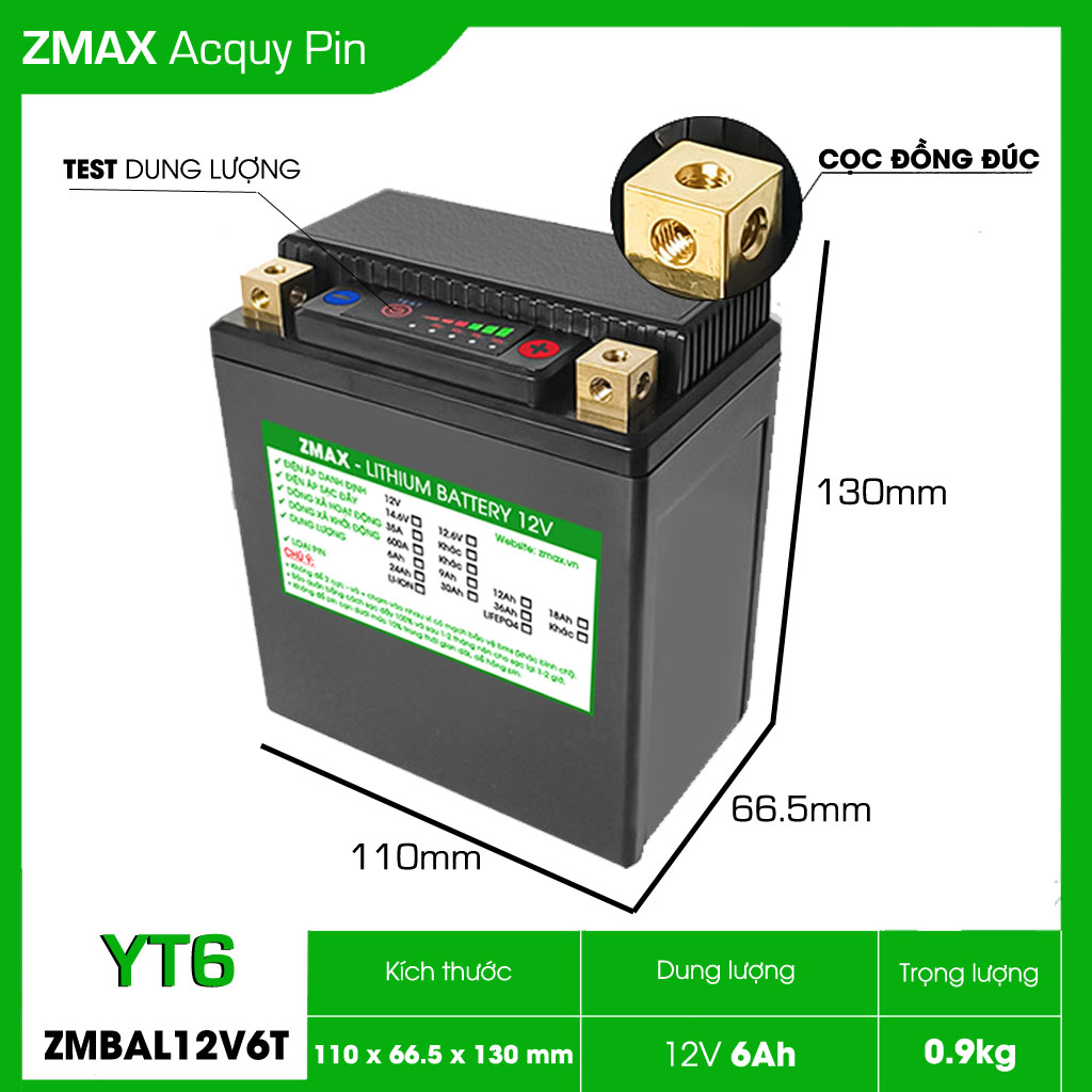Bình Acquy Pin LFP (LiFePO4) 12V 6Ah, ZMBAL12V6T-YT6 Cân Bằng Cell Pin Chủ Động Dùng Cho Xe Máy