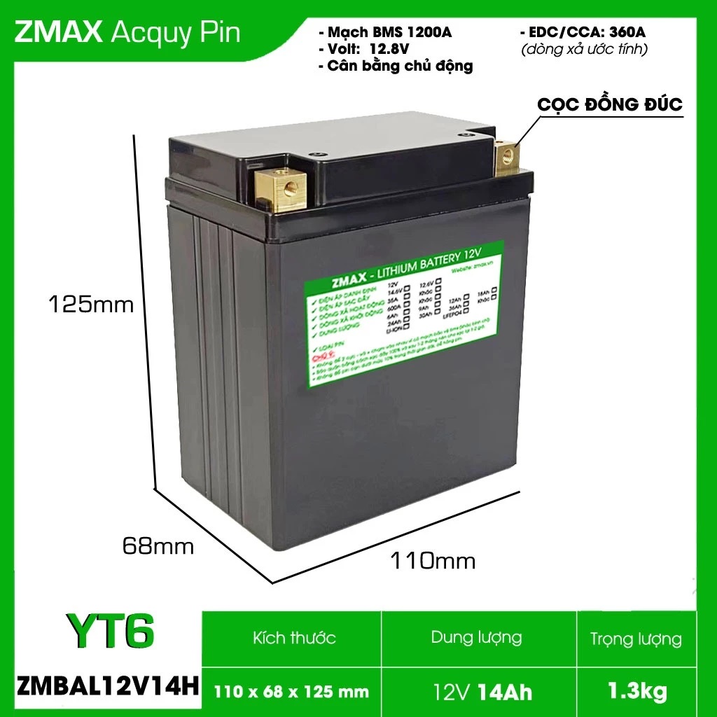 Bình Acquy Pin ZMAX LFP(LiFePO4) ZMBAL12V14H 12v 14Ah, CCA 360A Dùng cho đề xe máy môtô 300cc