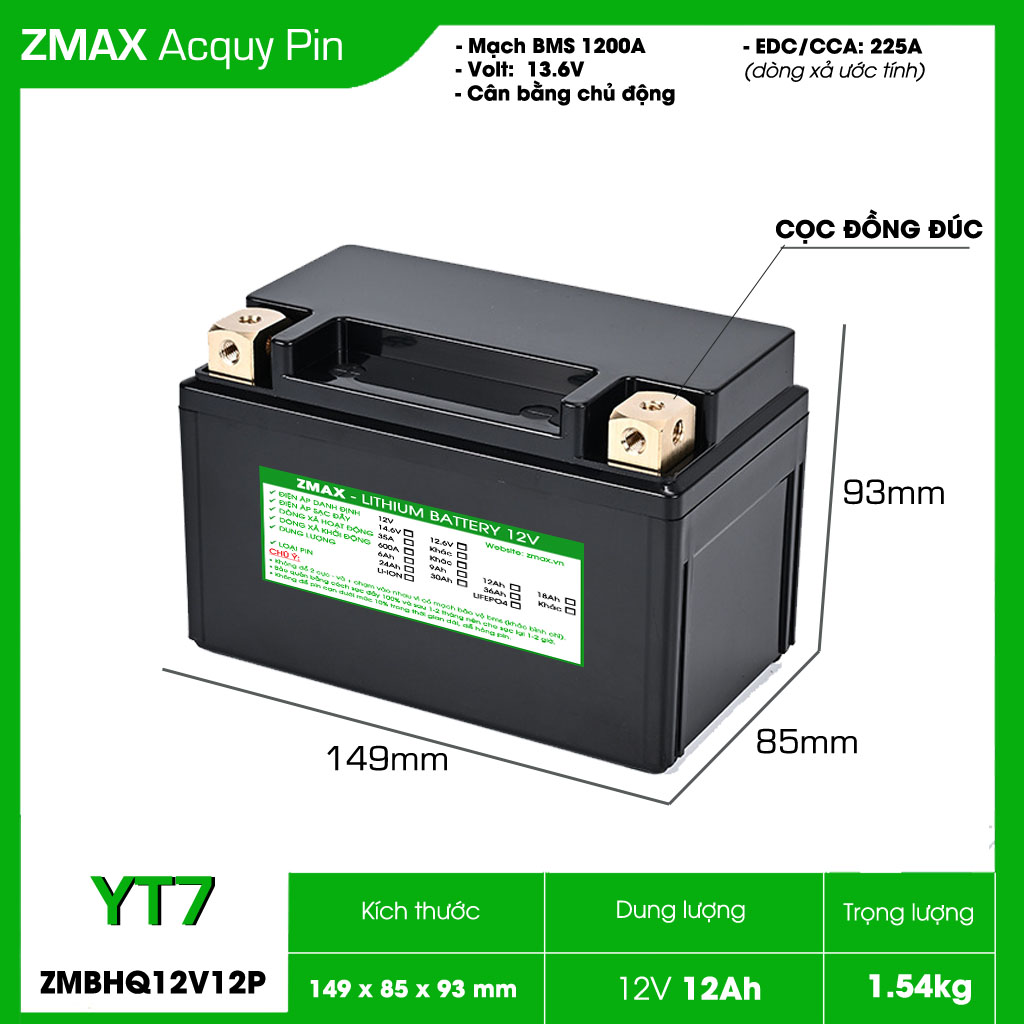 Bình Acquy ZMax Pin LFP 12V 12Ah, ZMBHQ12V12P-YT7 Dùng Cho Xe Máy