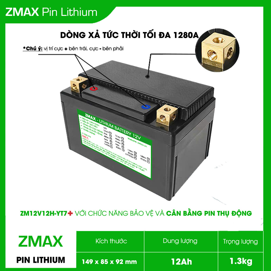 Bình Acquy ZMax Pin Lithium LifePO4 12V 12Ah, ZM12V12H-YT7 Plus Dùng Cho Xe Máy