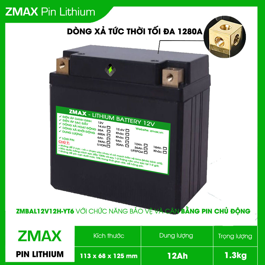 Bình Acquy ZMax Pin Lithium LifePO4 12V 12Ah, ZMBAL12V12H-YT6 Dùng Cho Xe Máy
