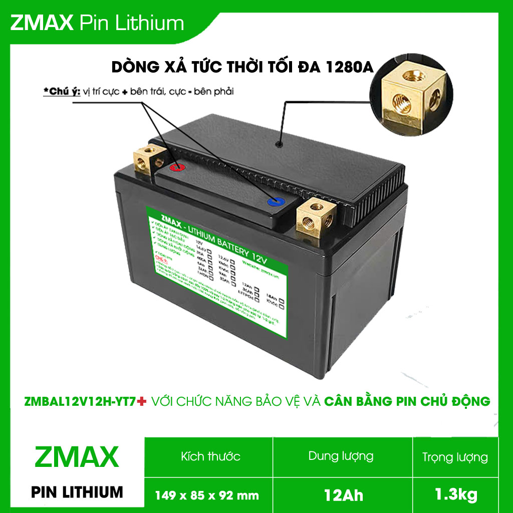 Bình Acquy ZMax Pin Lithium LifePO4 12V 12Ah, ZMBAL12V12H-YT7 Plus Dùng Cho Xe Máy