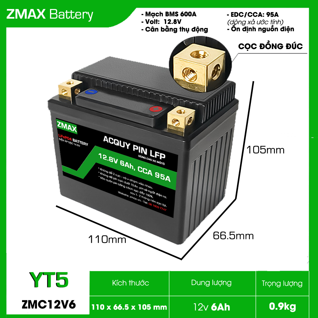 Bình Acquy ZMax Pin Lithium LifePO4 12V 6Ah CCA 95A, ZMC12V6-YT5 Dùng cho xe máy 135cc