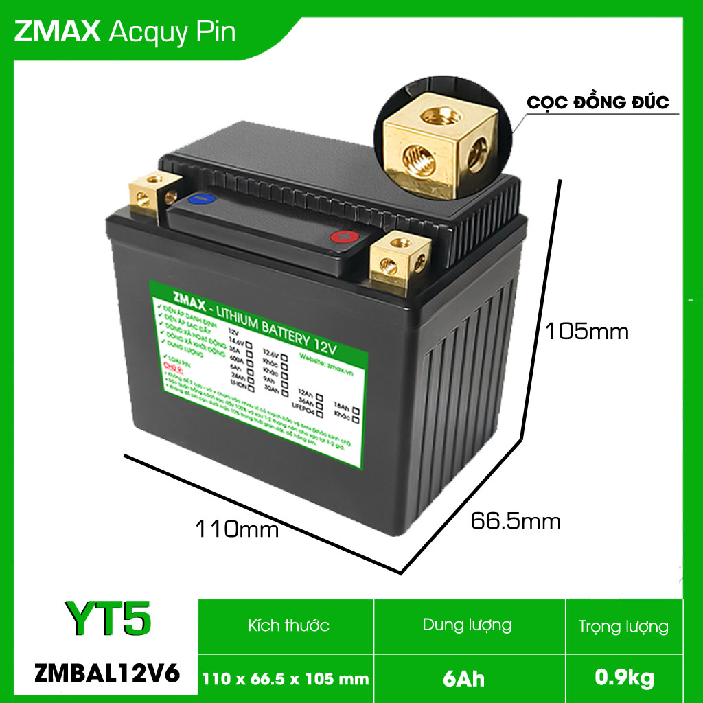 Bình Acquy ZMax Pin Lithium LifePO4 12V 6Ah, ZMBAL12V6-YT5 Cân Bằng Cell Pin Chủ Động Dùng Cho Xe Máy