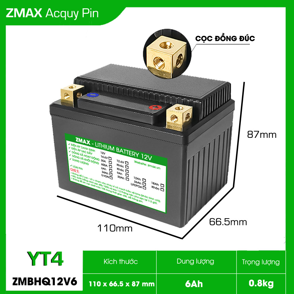 Bình Acquy ZMax Pin Lithium LifePO4 12V 6Ah, ZMBHQ12V6-YT4 Siêu tụ Fara, Cân Bằng Chủ Động, Dùng Cho Xe Máy