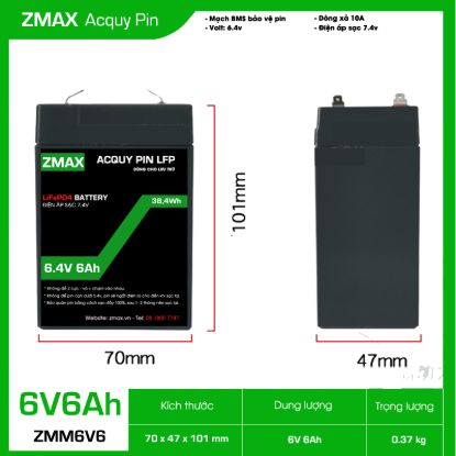 Bình Ắc Quy ZMax Pin Lithium LifePO4 6V 6Ah, ZMM6V6