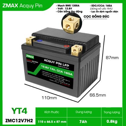 Bình Ắc Quy Pin LFP (LiFePO4) 12V 7Ah, ZMC12V7H2-YT4 Dùng cho xe máy - mô tô 150cc