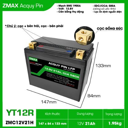 Bình Ắc Quy ZMax Pin LFP/ Lithium LifePO4 12V 21Ah, ZMC12V21H-YT12R Dùng Cho Xe Máy - Mô Tô PKL