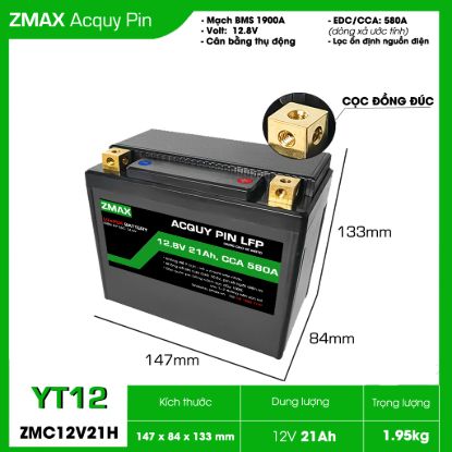 Bình Ắc Quy ZMax Pin LFP/ Lithium LifePO4 12V 21Ah, ZMC12V21H-YT12 Dùng Cho Xe Máy - Mô Tô PKL