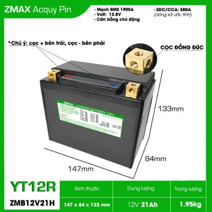 Bình Ắc Quy ZMax Pin LFP/ Lithium LifePO4 12V 21Ah, ZMB12V21H-YT12R Dùng Cho Xe Máy - Mô Tô PKL