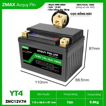 Bình Ắc Quy Pin LFP (LiFePO4) 12V 7Ah, ZMC12V7H-YT4 Dùng cho xe máy - mô tô 150cc