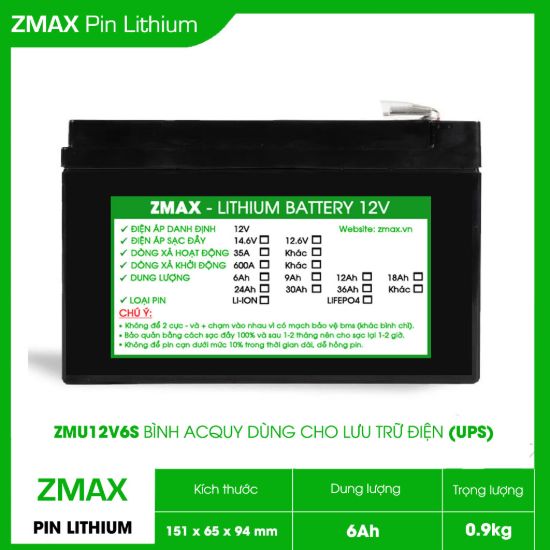 Bình Ắc Quy Pin Lithium LiFePO4 12V 6Ah, ZMU12V6S Dùng Cho Bộ Lưu Điện UPS