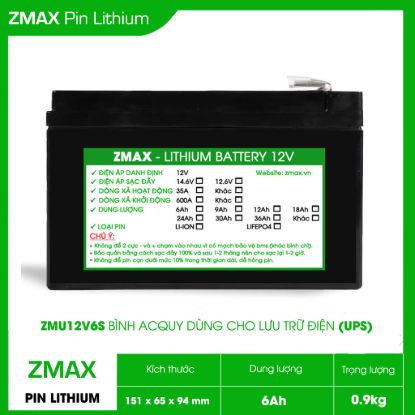 Bình Ắc Quy Pin Lithium LiFePO4 12V 6Ah, ZMU12V6S Dùng Cho Bộ Lưu Điện UPS