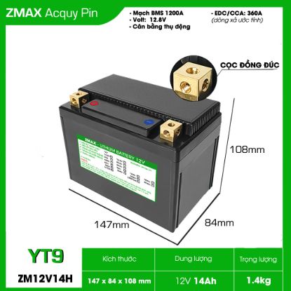 Bình Ắc Quy Pin ZMAX LFP(LiFePO4) ZM12V14H-YT9 12v 14Ah, CCA 360A Dùng cho đề xe máy môtô 300cc