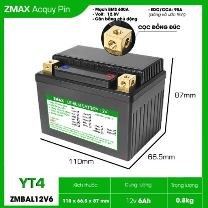 Bình Ắc Quy ZMax Pin Lithium LifePO4 12V 6Ah, ZMBAL12V6-YT4 Cân Bằng Cell Pin Chủ Động Dùng Cho Xe Máy