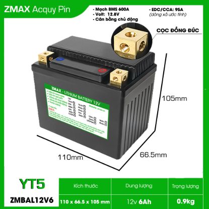Bình Ắc Quy ZMax Pin Lithium LifePO4 12V 6Ah, ZMBAL12V6-YT5 Cân Bằng Cell Pin Chủ Động Dùng Cho Xe Máy