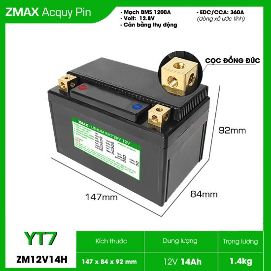 Bình Ắc Quy Pin ZMAX LFP(LiFePO4) ZM12V14H-YT7 12v 14Ah, CCA 360A Dùng cho đề xe máy môtô 300cc