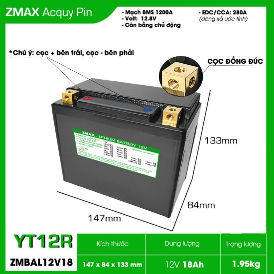 Bình Ắc Quy ZMax Pin LFP/ Lithium LifePO4 12V 18Ah, ZMBAL12V18-YT12R Dùng Cho Xe Máy - Mô Tô