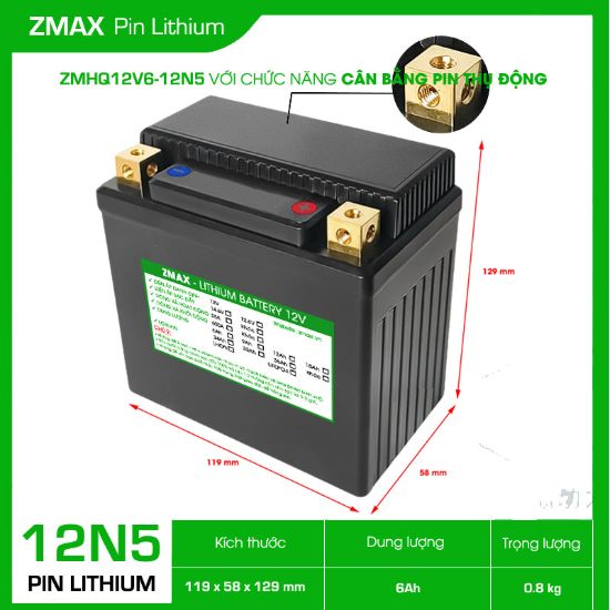 Bình Ắc Quy ZMax Pin Lithium LifePO4 12V 6Ah, ZMHQ12V6-12N5 Siêu tụ Fara Dùng Cho Xe Máy