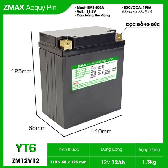 Bình Ắc Quy ZMax Pin Lithium LifePO4 12V 12Ah, ZM12V12-YT6 Dùng Cho Xe Máy