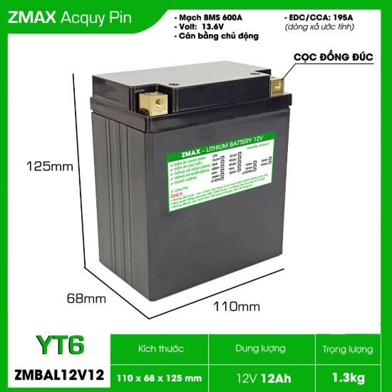Bình Ắc Quy ZMax Pin Lithium LifePO4 12V 12Ah, ZMBAL12V12-YT6 Dùng Cho Xe Máy