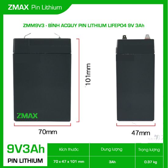 Bình Ắc Quy ZMax Pin Lithium LifePO4 9V 3Ah, ZMM9V3