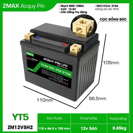 BĂ¬nh Acquy Pin LFP (LiFePO4) 12V 5Ah, ZM12V5H2-YT5 DĂ¹ng cho xe mĂ¡y - mĂ´ tĂ´ 200cc