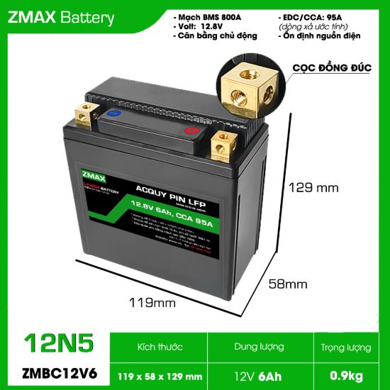 BĂ¬nh Acquy ZMax Pin Lithium LifePO4 12V 6Ah, ZMBC12V6-12N5 DĂ¹ng Cho Xe MĂ¡y 135cc, Wave xÄƒng cÆ¡, Dream