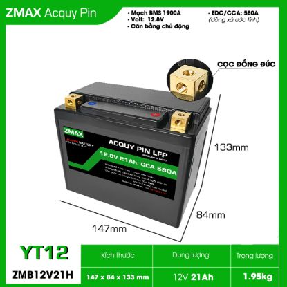 Ảnh của Bình Ắc Quy ZMax Pin LFP/ Lithium LifePO4 12V 21Ah, ZMB12V21H-YT12 Dùng Cho Xe Máy - Mô Tô PKL