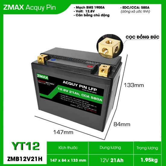 Ảnh của Bình Ắc Quy ZMax Pin LFP/ Lithium LifePO4 12V 21Ah, ZMB12V21H-YT12 Dùng Cho Xe Máy - Mô Tô PKL