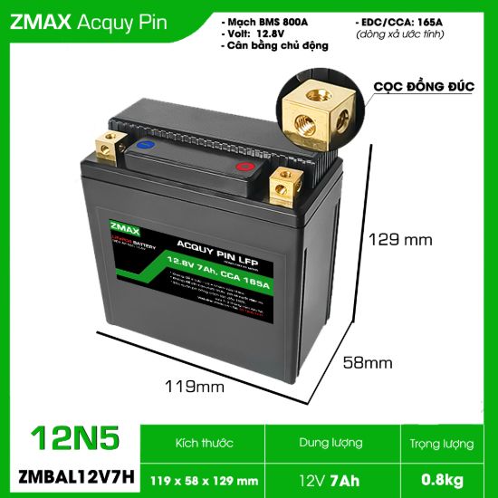 Ảnh của Bình Ắc Quy Pin ZMAX LFP(LiFePO4) ZMBAL12V7H-12N5 12v 7Ah, có CCA 165A Dùng cho đề xe máy môtô 150cc