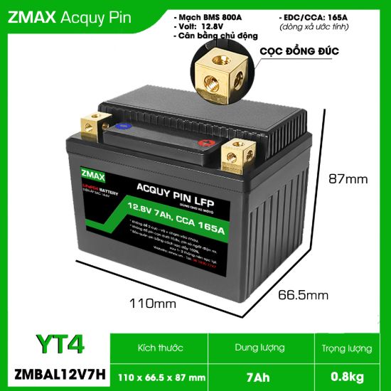 Ảnh của Bình Ắc Quy Pin LFP (LiFePO4) 12V 7Ah, ZMBAL12V7H-YT4 Dùng cho xe máy - mô tô