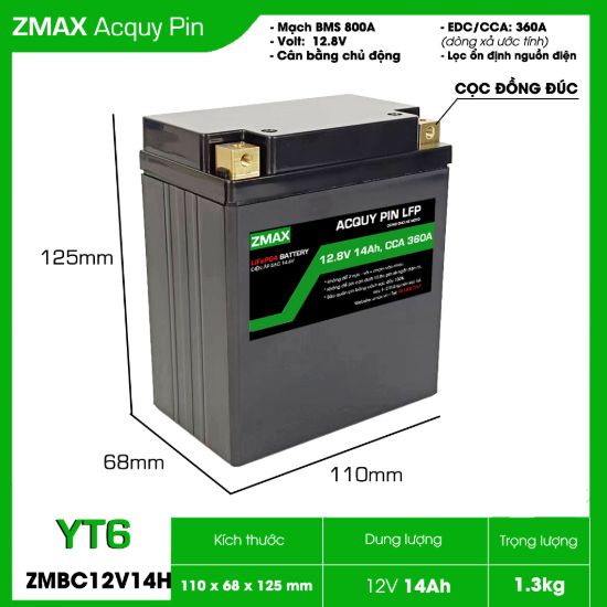 Ảnh của Bình Ắc Quy Pin ZMAX LFP(LiFePO4) ZMBC12V14H 12v 14Ah, CCA 360A Dùng cho đề xe máy môtô 300cc