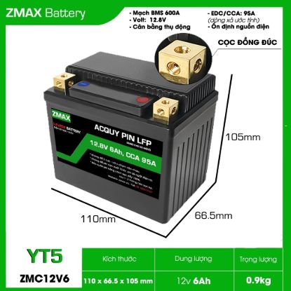 Ảnh của Bình Ắc Quy ZMax Pin Lithium LifePO4 12V 6Ah, ZMC12V6-YT5 CCA 95A Dùng cho Vision, Air Blade, Winner, Sh Mode