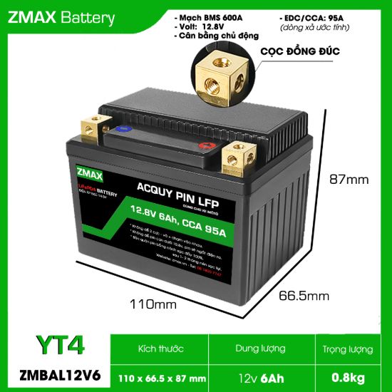 Ảnh của Bình Ắc Quy ZMax Pin Lithium LifePO4 12V 6Ah, ZMBAL12V6-YT4 Cân Bằng Cell Pin Chủ Động Dùng Cho Xe Máy