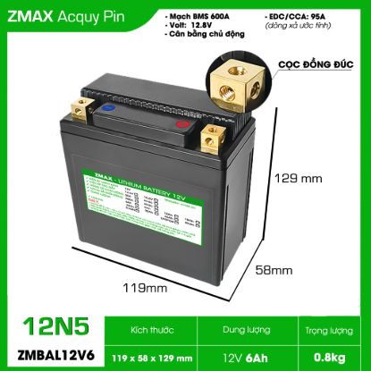 Ảnh của Bình Ắc Quy ZMax Pin Lithium LifePO4 12V 6Ah, Cân bằng chủ động ZMBAL12V6-12N5 Dùng Cho Xe Máy