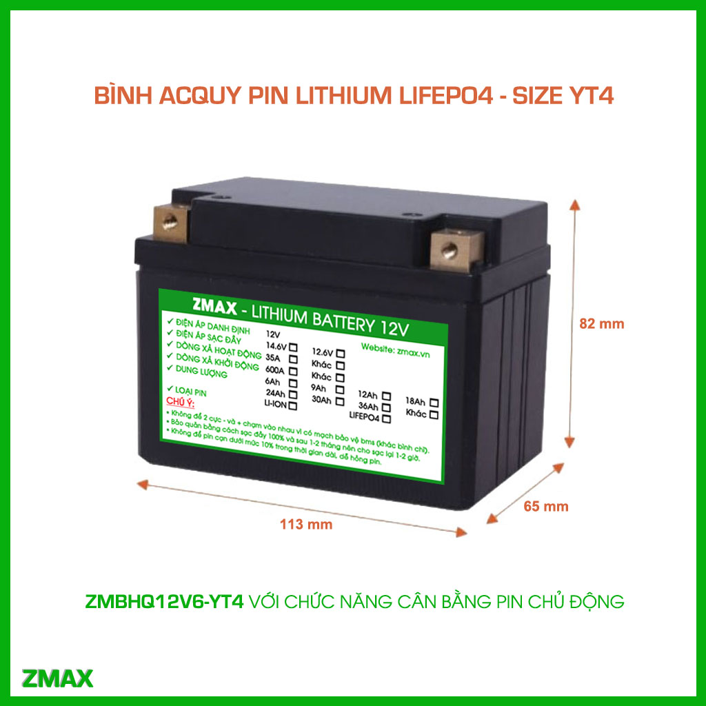 Bình Acquy ZMax Pin Lithium LifePO4 12V 6Ah, ZMBHQ12V6-YT4 Siêu tụ Fara, Cân Bằng Chủ Động, Dùng Cho Xe Máy