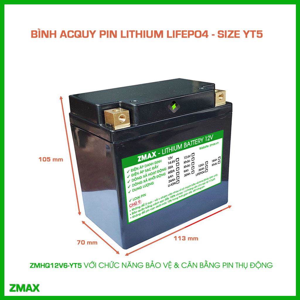 Bình Acquy ZMax Pin Lithium LifePO4 12V 6Ah, ZMHQ12V6-YT5 Cân Bằng Chủ Động, Dùng Cho Xe Máy
