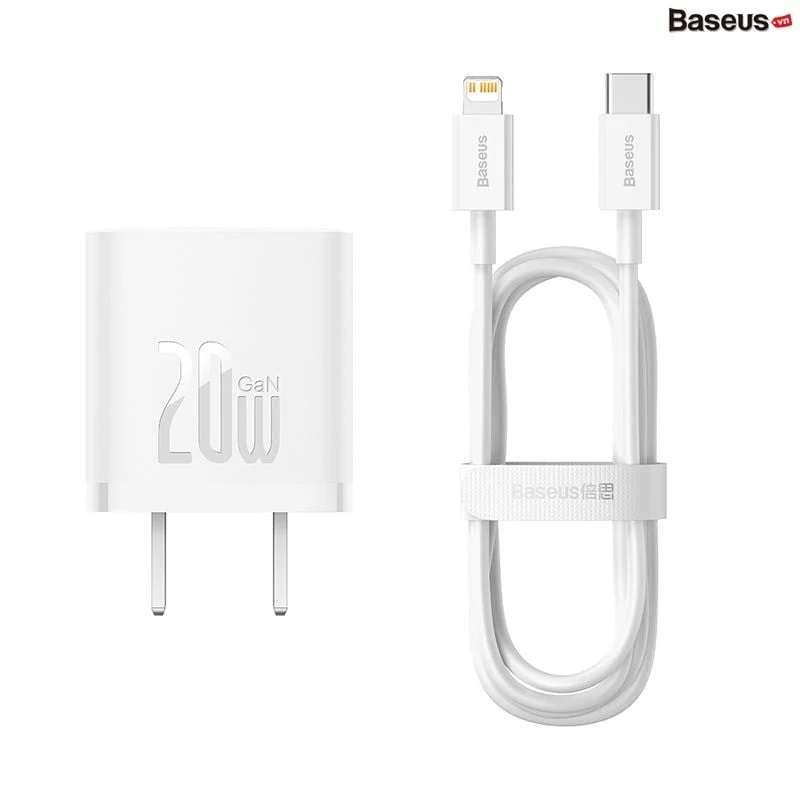 Bộ Sạc Nhanh 20W Baseus GaN5 Fast Charger 1C cho iPhone/Samsung Cáp 1m White CCGAN20C5-M