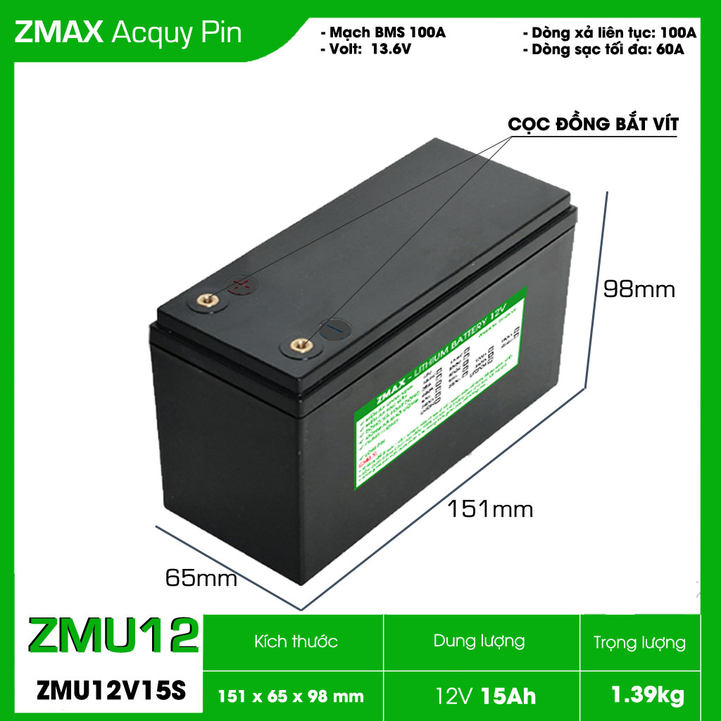 Bình Acquy Pin ZMax LFP 12V 15Ah, ZMU12V15S Dùng Cho Bộ Lưu Điện UPS