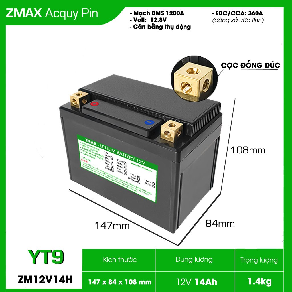 Bình Acquy Pin ZMAX LFP(LiFePO4) ZM12V14H-YT9 12v 14Ah, CCA 360A Dùng cho đề xe máy môtô 300cc