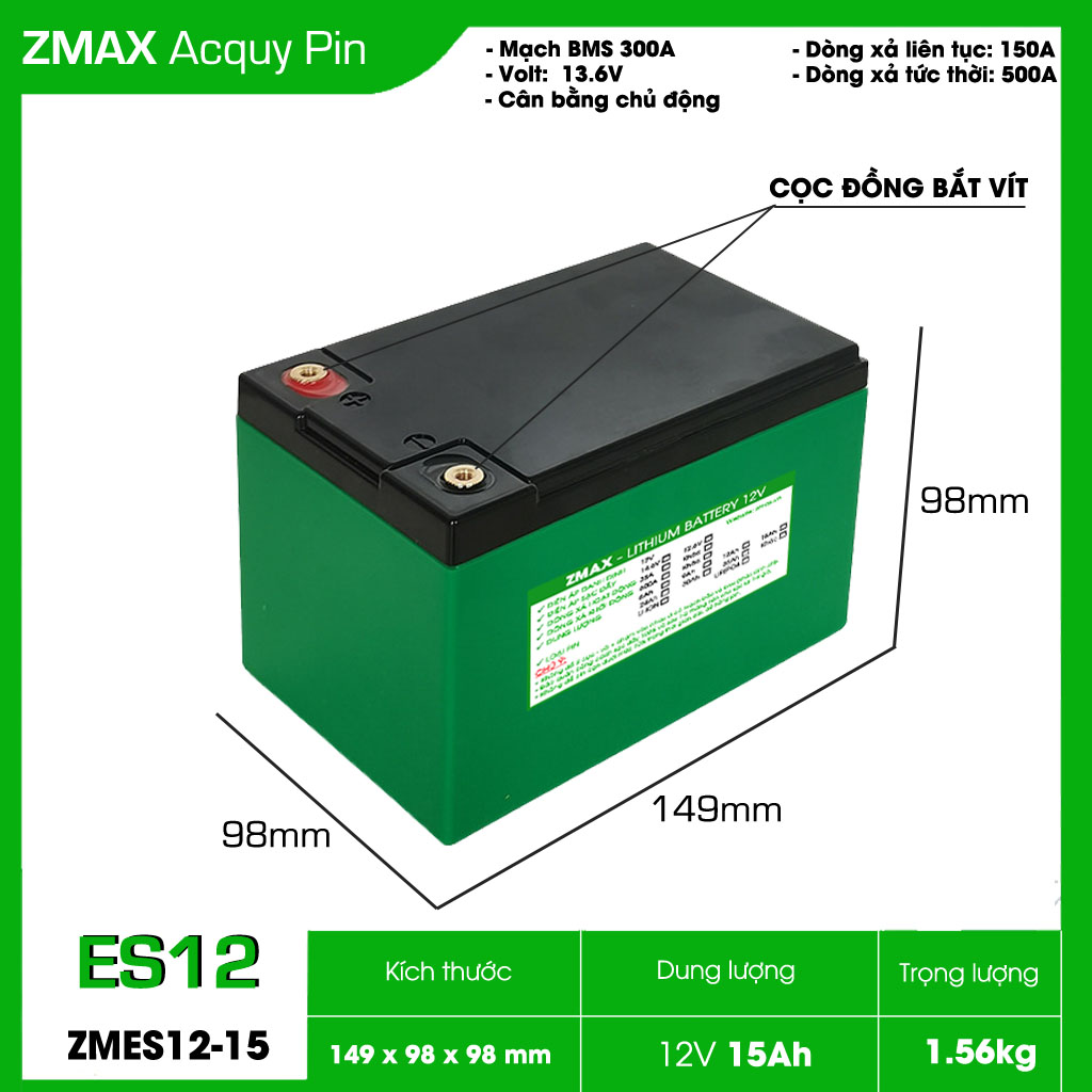 Bình Acquy ZMax Pin LFP 12V 15Ah, ZMES12-15 dùng cho UPS, xe đạp điện