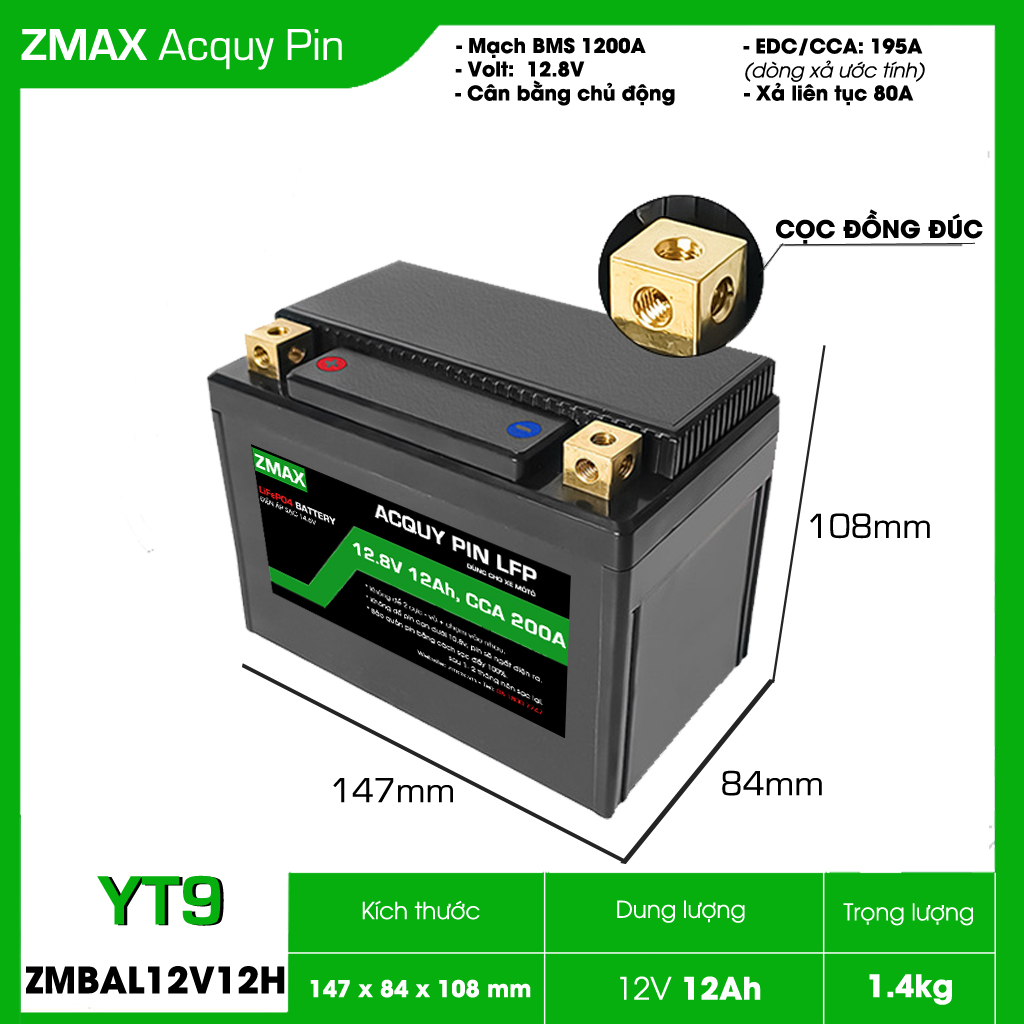 Bình Acquy ZMax Pin LFP/ Lithium LifePO4 12V 12Ah, ZMBAL12V12H-YT9 Dùng Cho Xe Máy - Mô Tô
